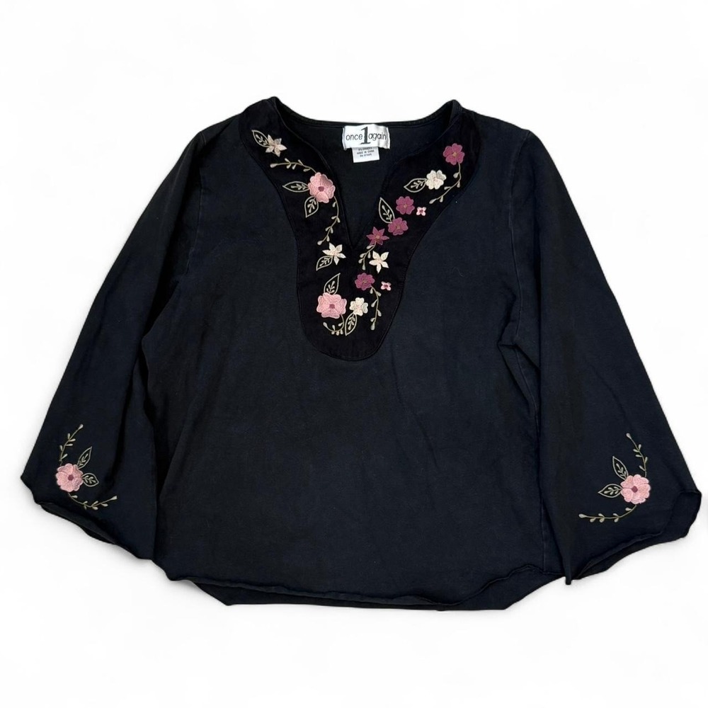 Vintage Once 1 Again Black Long Sleeve Floral Embroidered Top Women's XL 90s Y2K